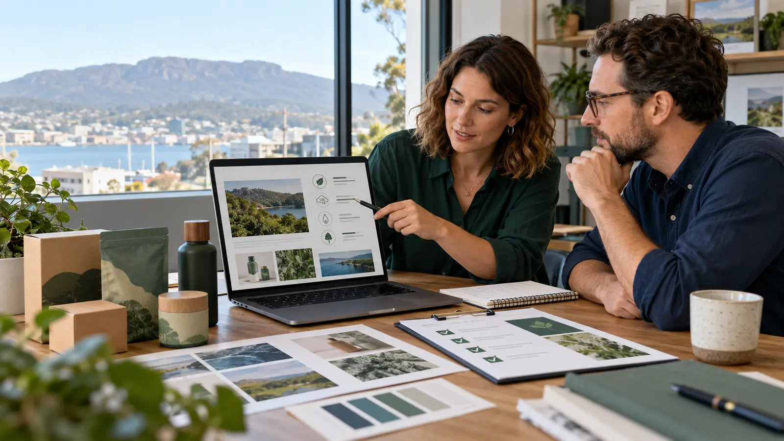 Tasmanian business owner and marketing consultant reviewing environmental claims on a website