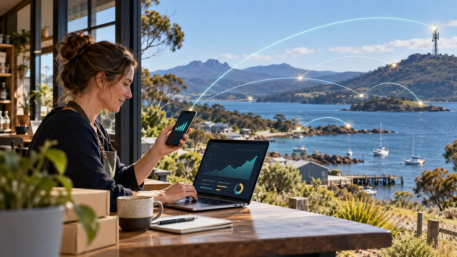 Tasmanian small-business owner checking mobile connectivity on a phone and laptop
