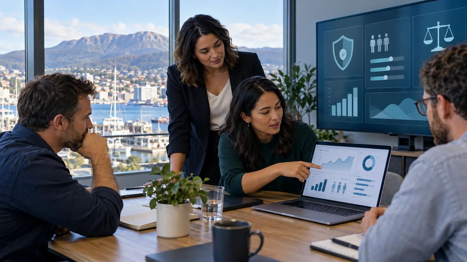 Tasmanian business team reviewing an AI workplace monitoring system with Hobart and kunanyi in the background