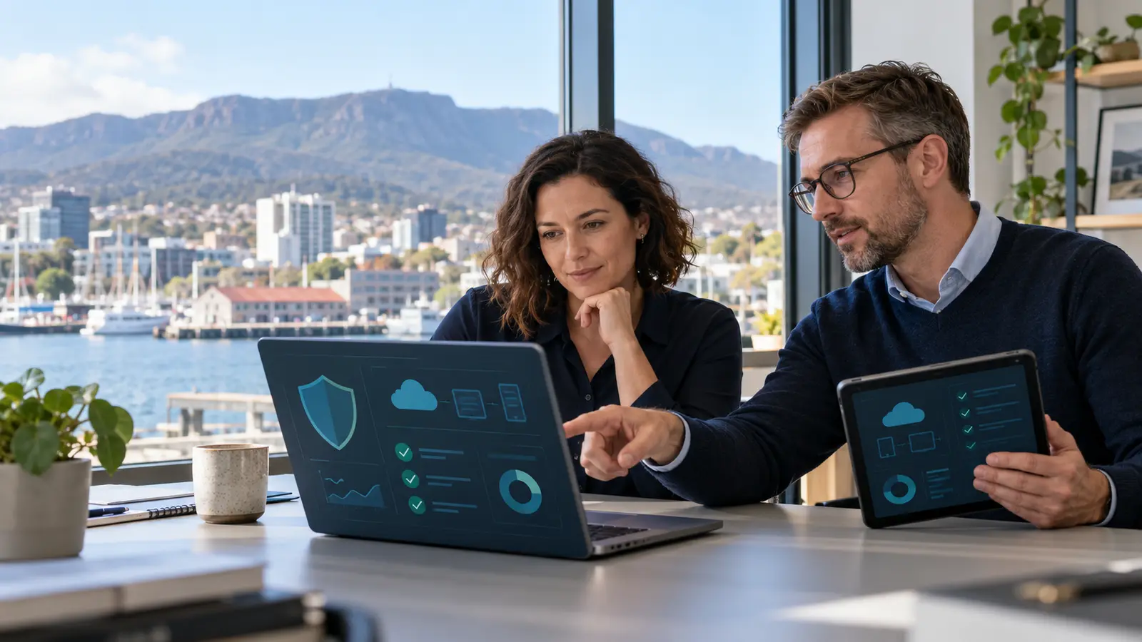 Hobart business owner and IT adviser reviewing a cyber security plan
