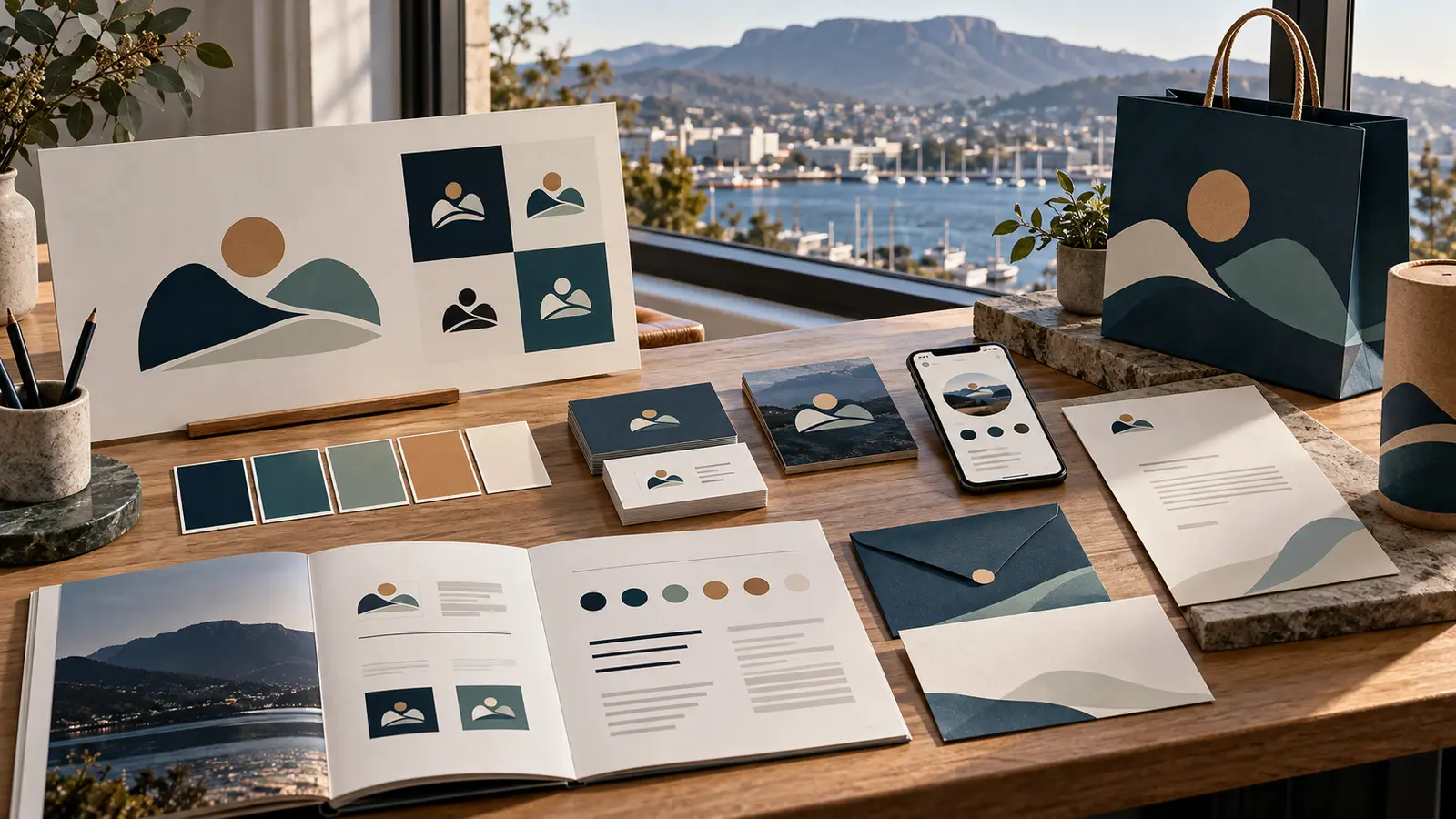 Complete brand identity package with logo variations, colours, stationery and digital applications overlooking Hobart
