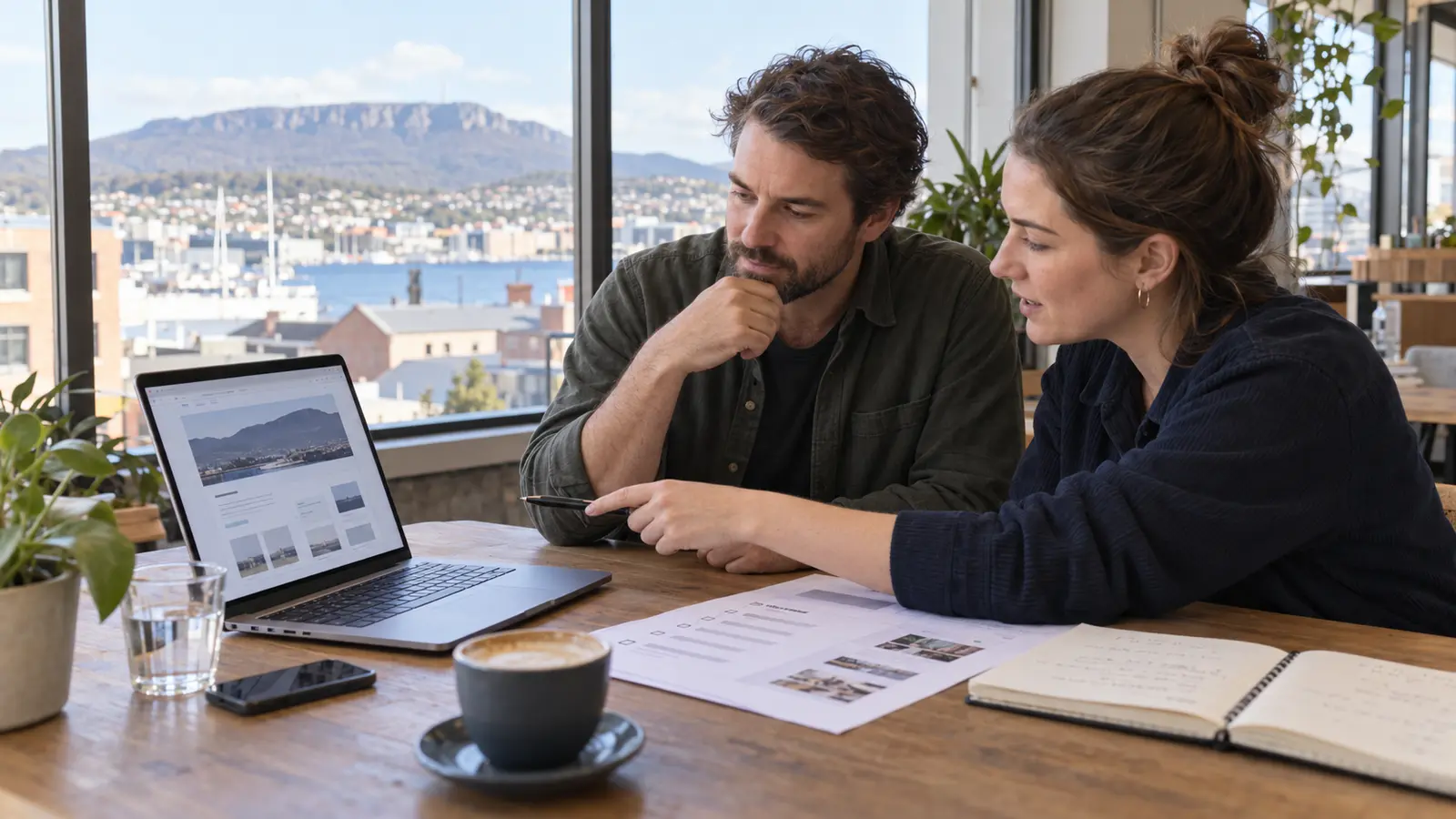 Hobart business owner reviewing a website proposal with a web designer