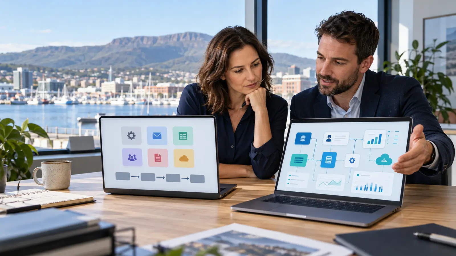 Hobart business owner and software consultant comparing ready-made and custom software workflows