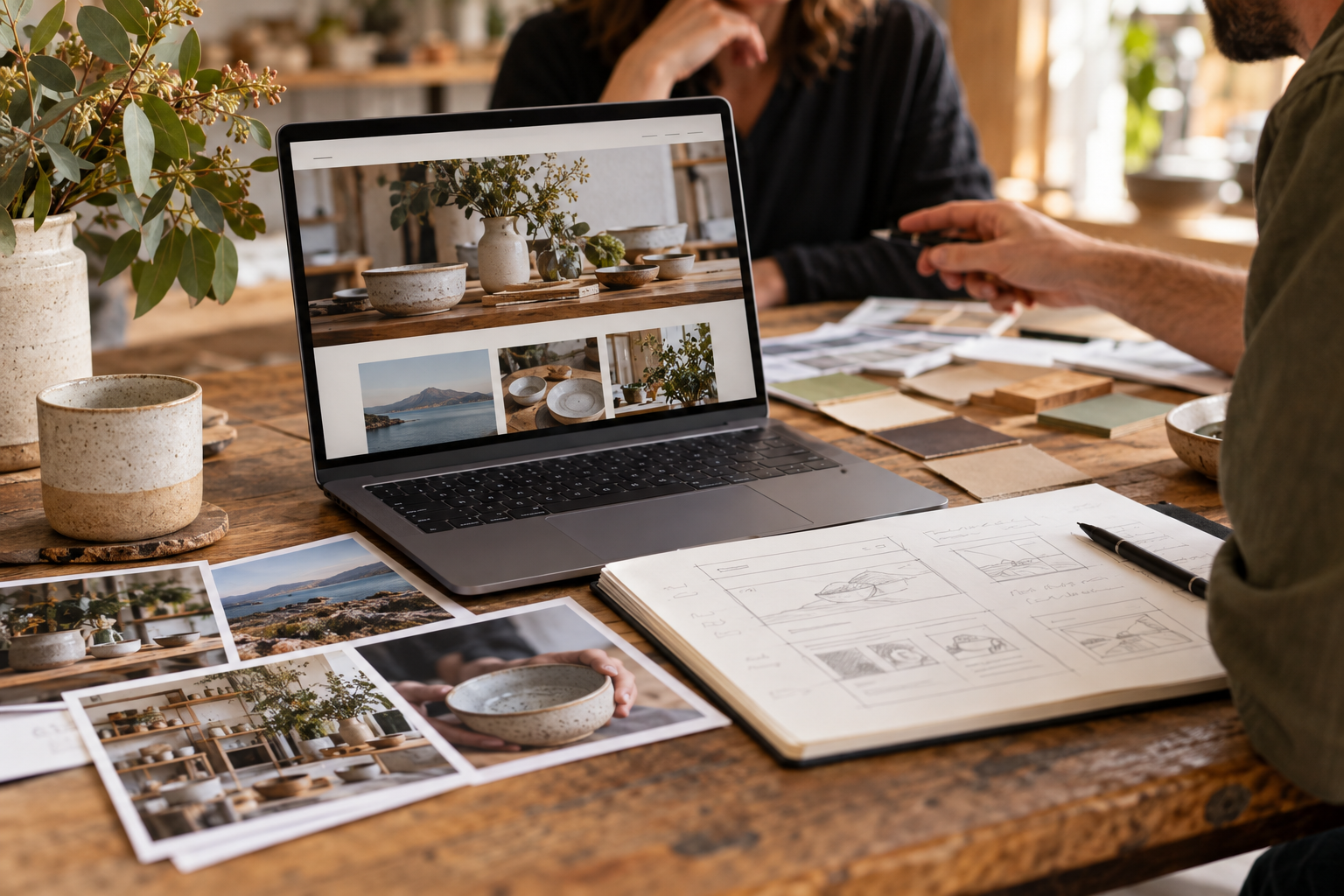 Laptop showing a custom business website beside original photography and hand drawn page wireframes