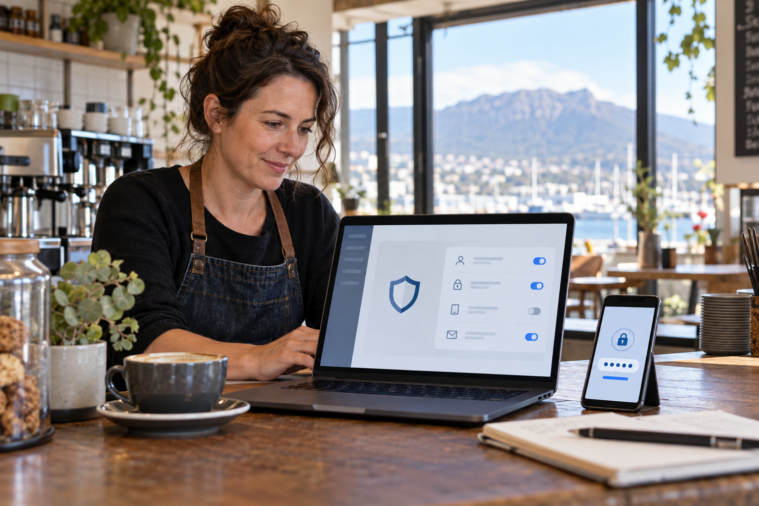 Hobart café owner reviewing account security settings and phone authentication on a laptop