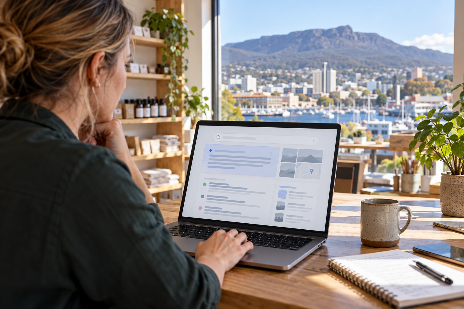 Hobart business owner reviewing AI search results on a laptop, with kunanyi Mount Wellington visible outside