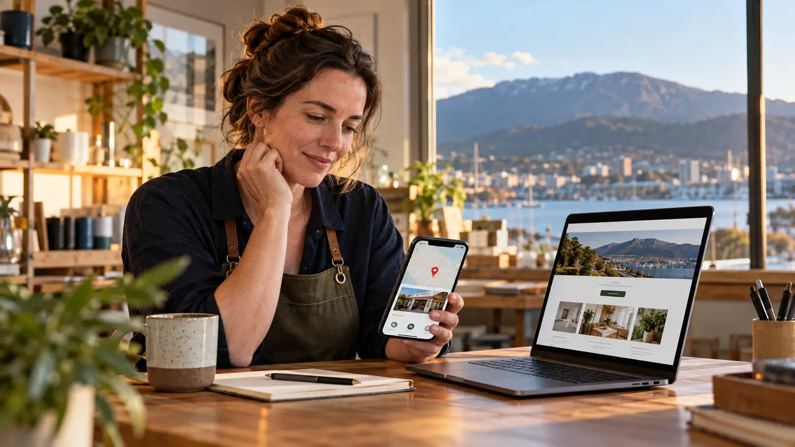Hobart business owner comparing a local map listing with her website