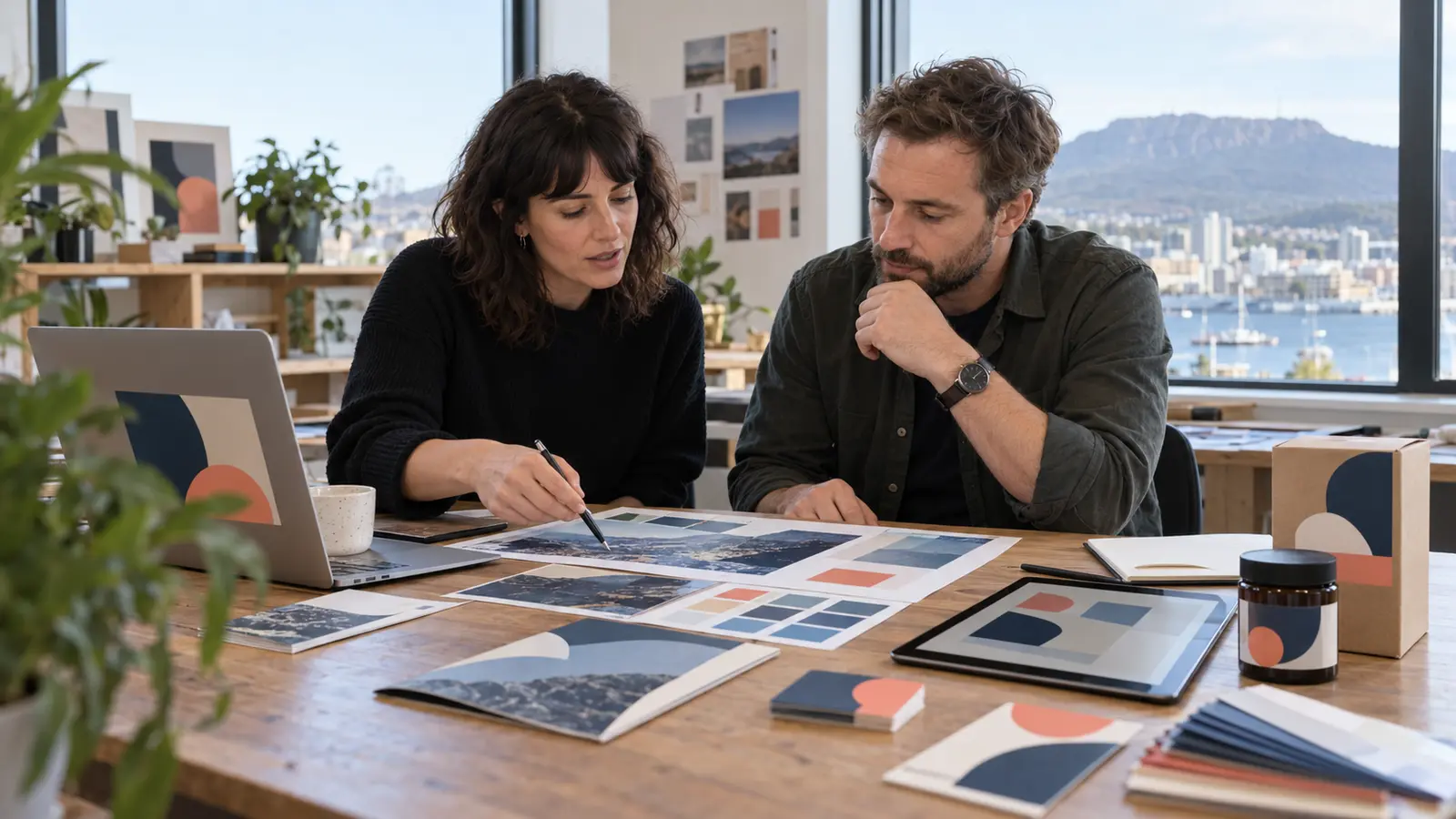 Hobart business owner and graphic designer reviewing a project brief with print and digital design proofs