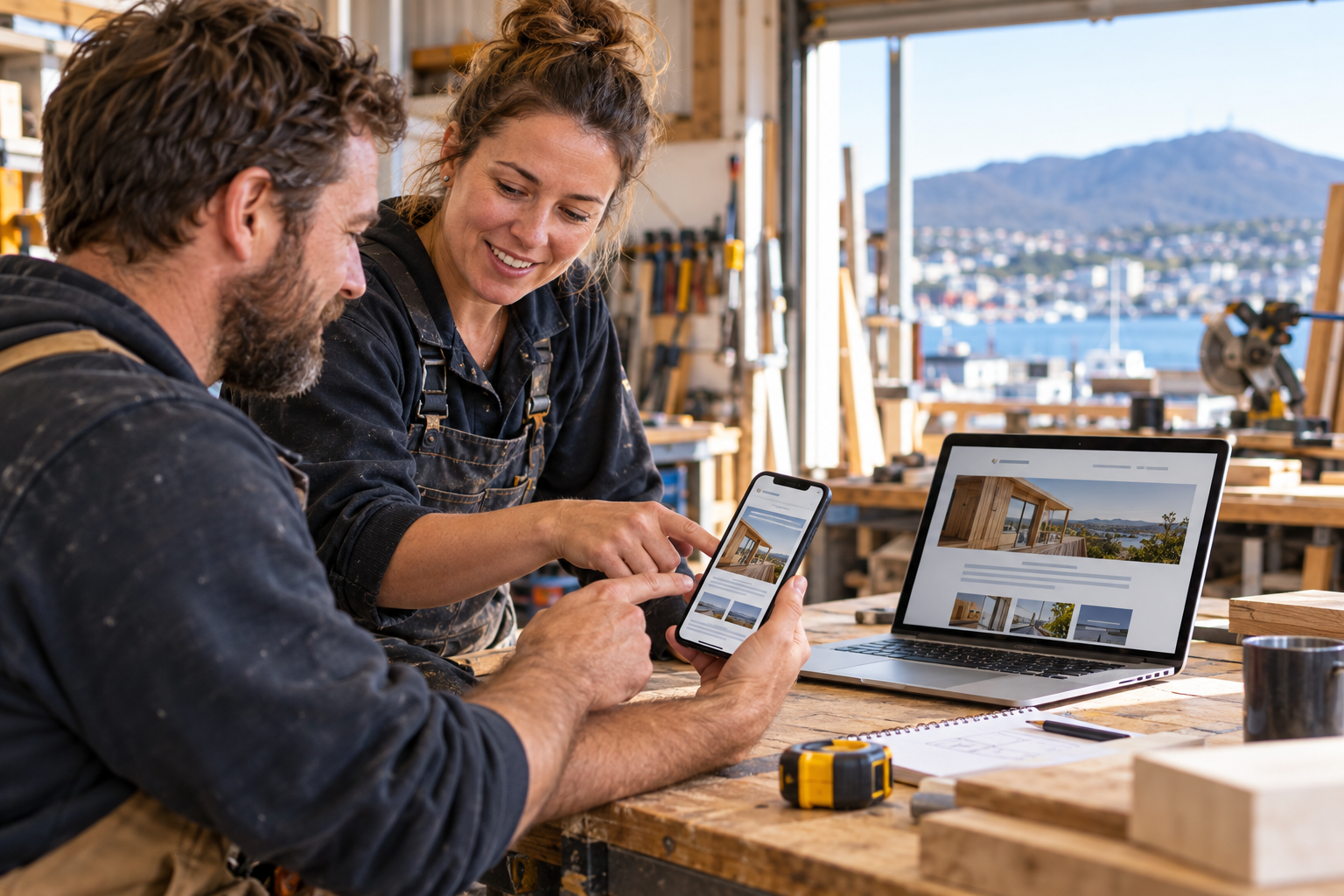 Hobart tradespeople reviewing a mobile-friendly business website on a phone and laptop in their workshop