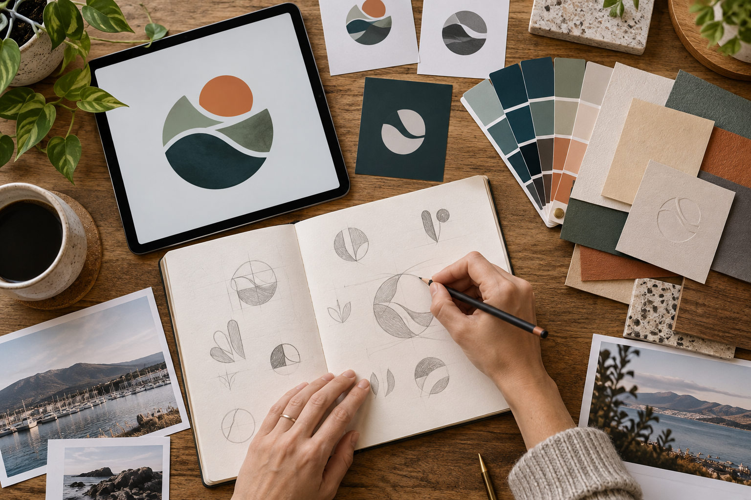 Brand designer sketching an abstract logo and selecting colour samples for a Hobart business
