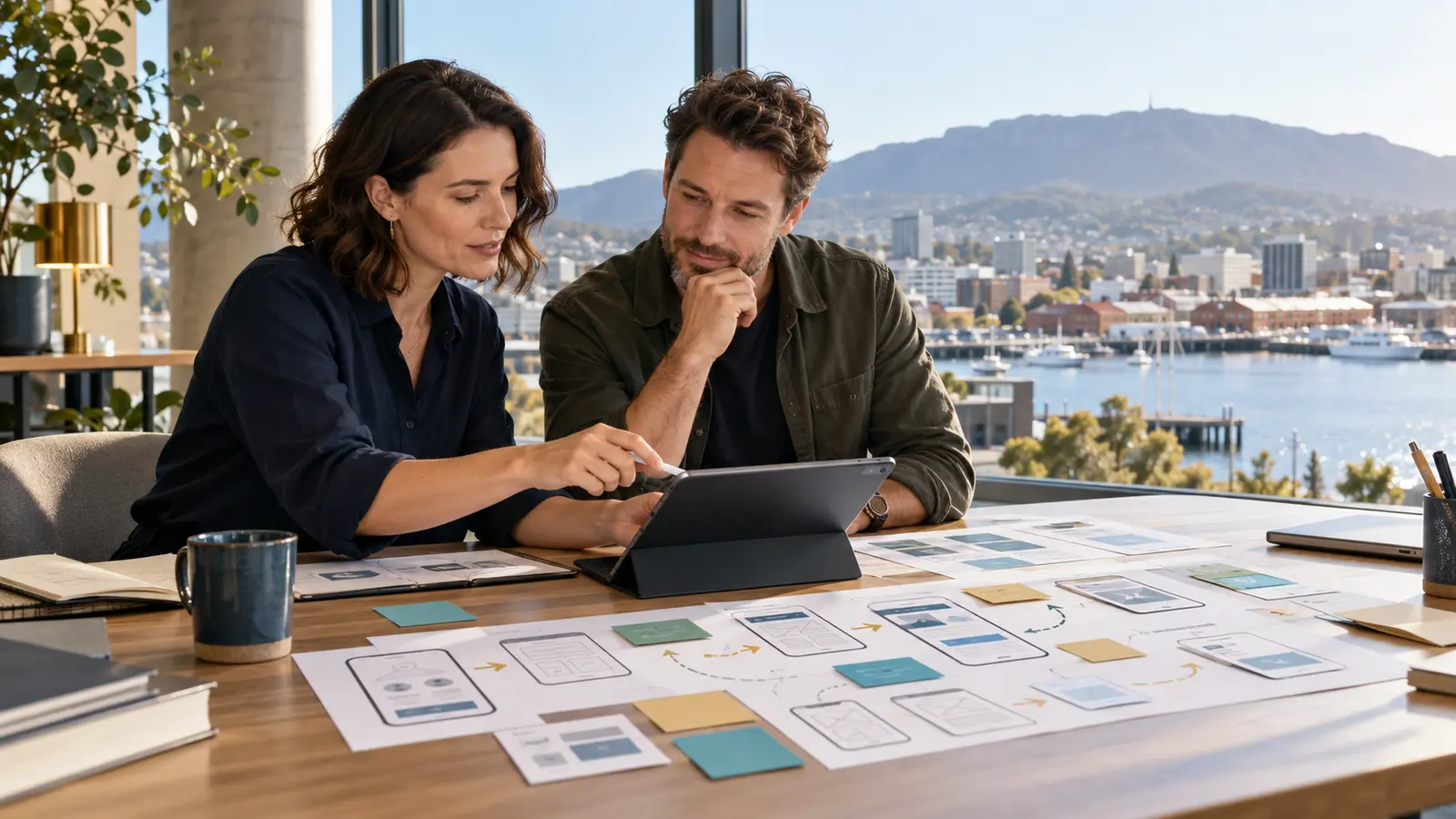 Hobart business owner and app strategist reviewing mobile app wireframes and user journeys