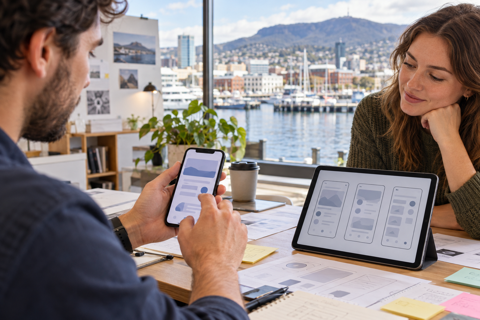 Hobart app designer testing a smartphone app with a client while reviewing wireframes on a tablet
