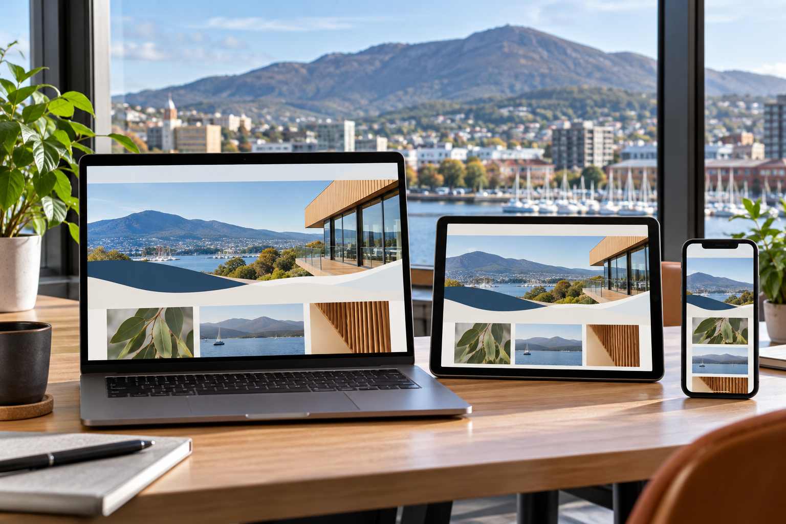 The same business website adapting across a laptop, tablet and smartphone in Hobart