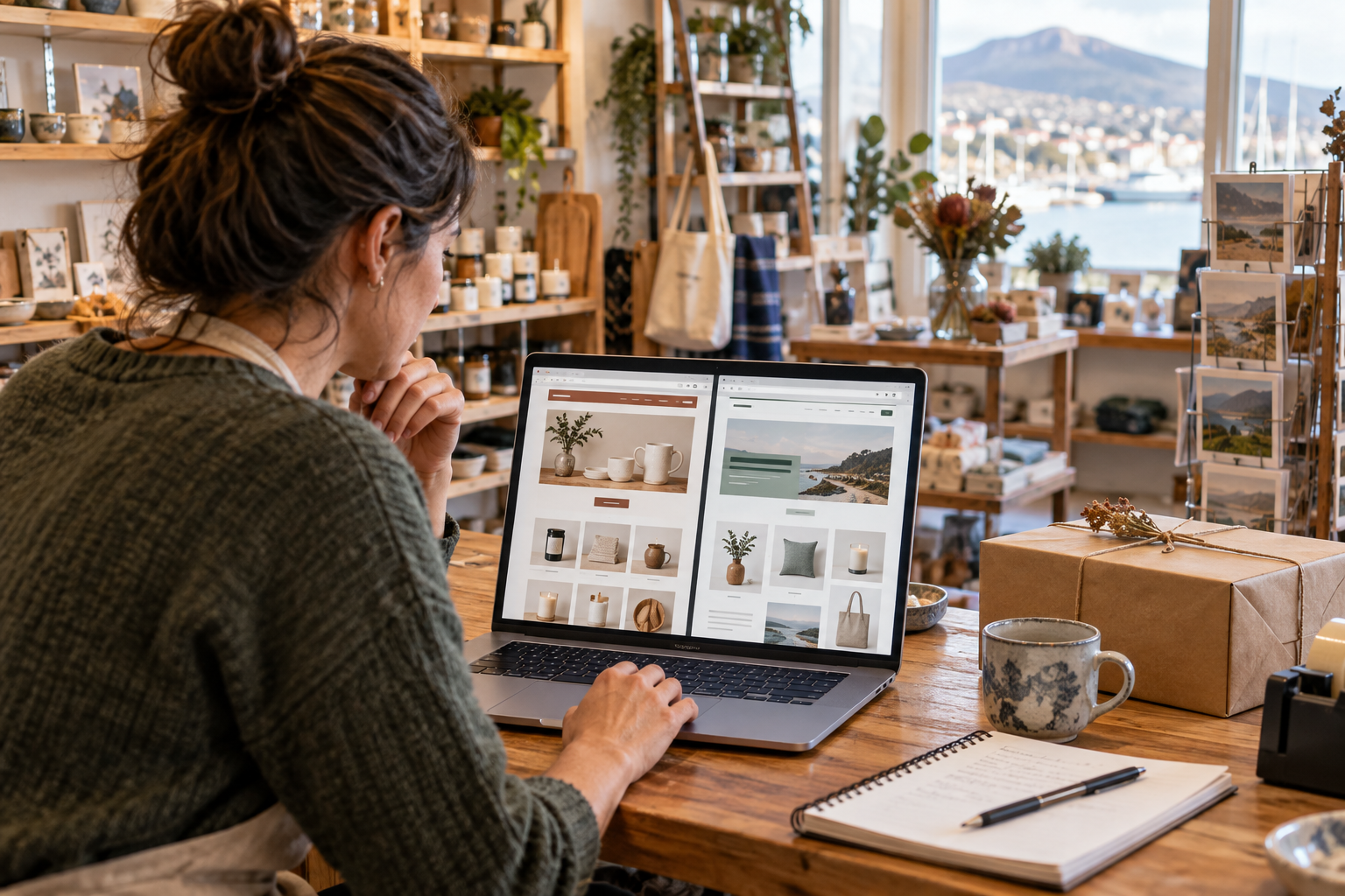 Tasmanian retailer comparing two online storefronts on a laptop in a Hobart shop