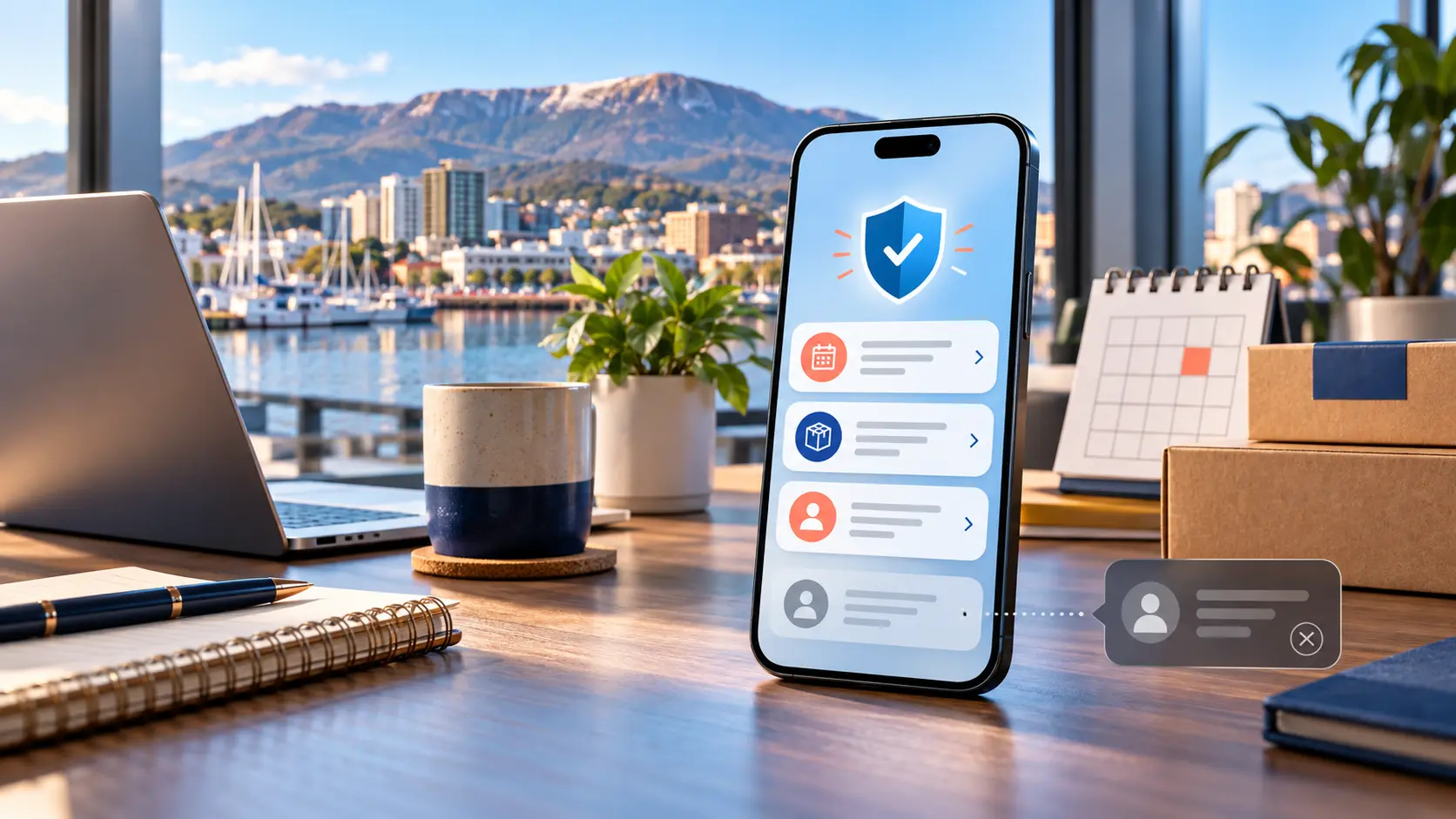 Smartphone with verified business message symbols in a Hobart office