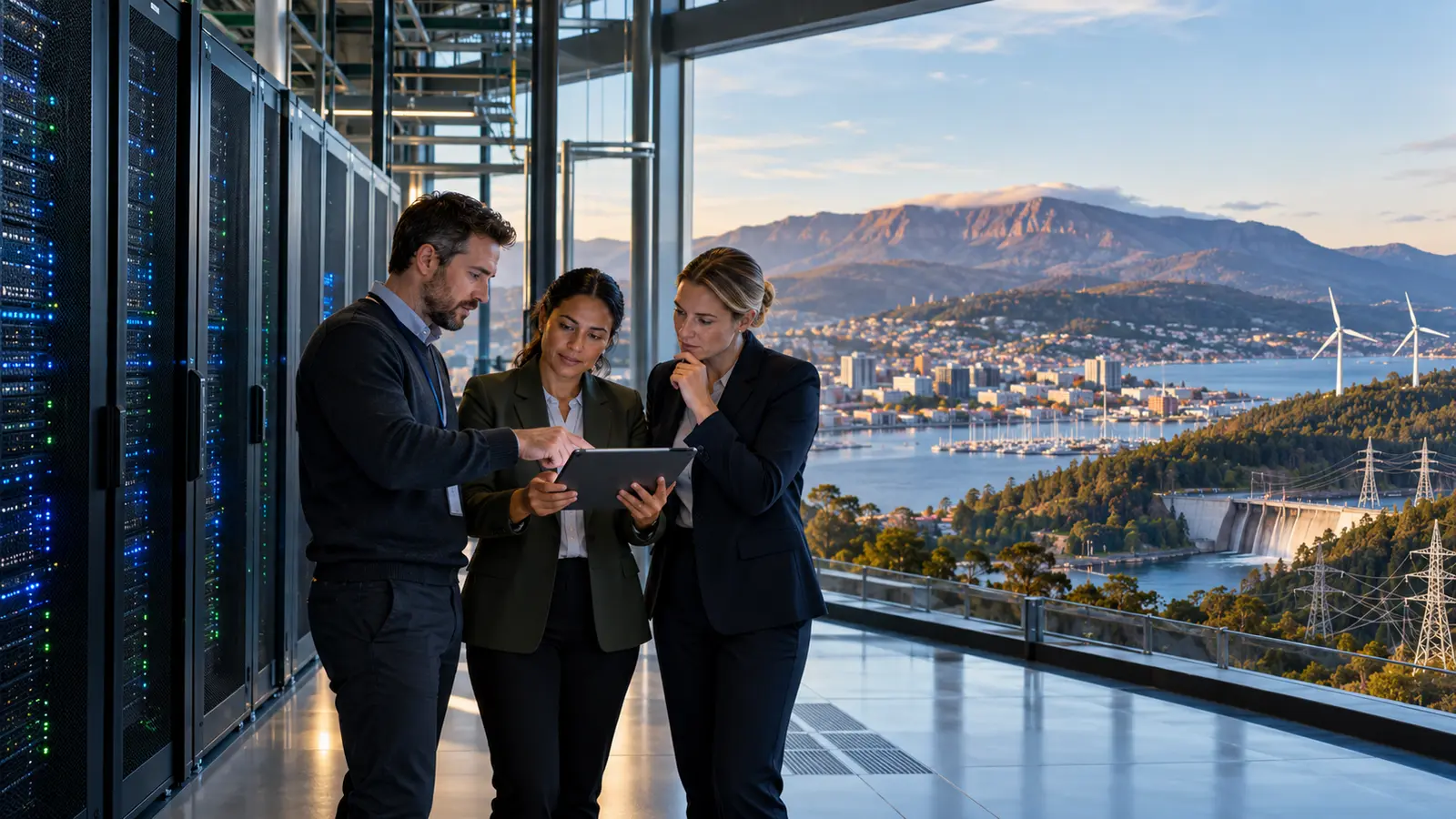 Tasmanian business and technology professionals reviewing AI data centre plans beside server racks with Hobart and renewable energy infrastructure