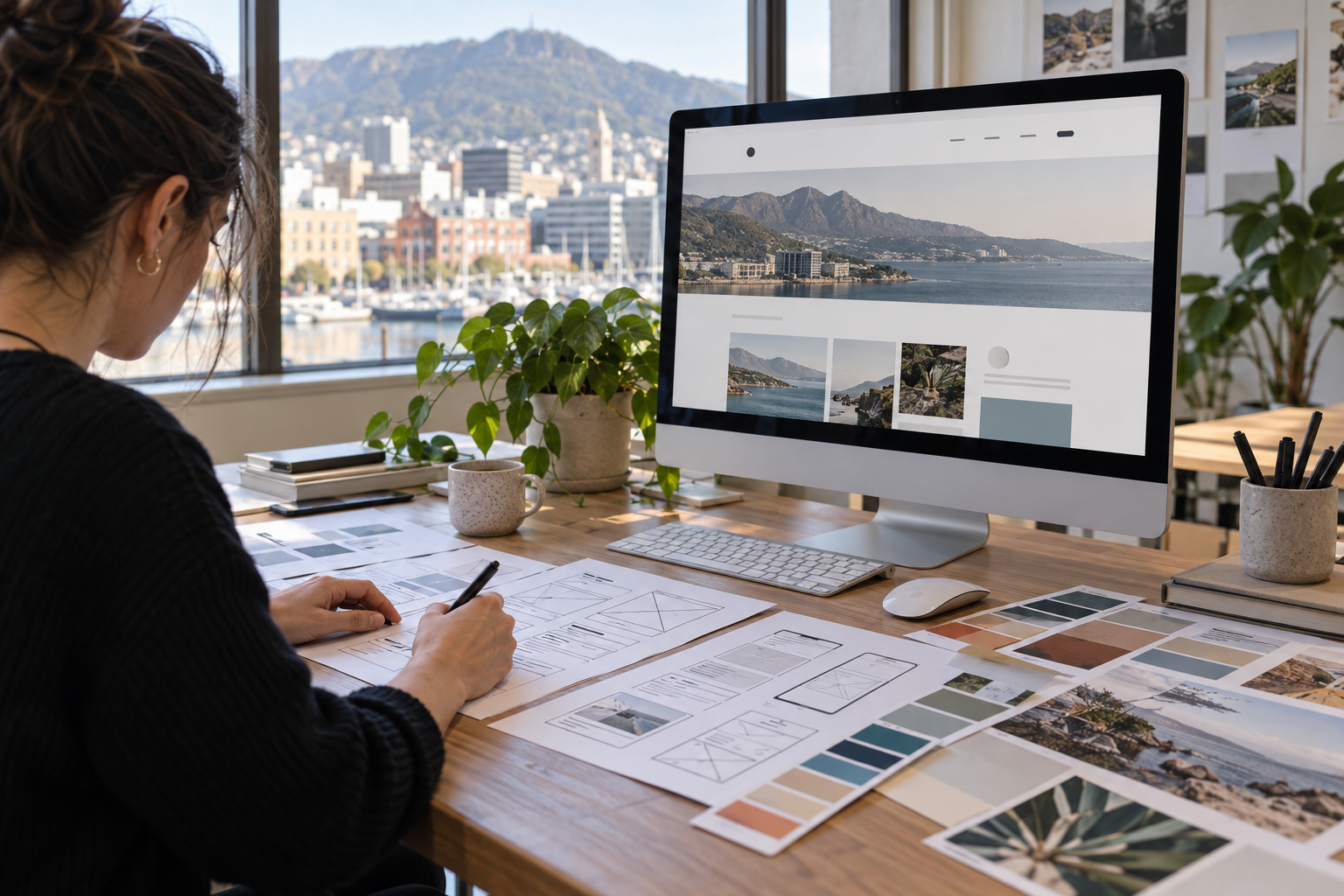 Hobart web designer sketching website layouts beside a monitor and colour swatches