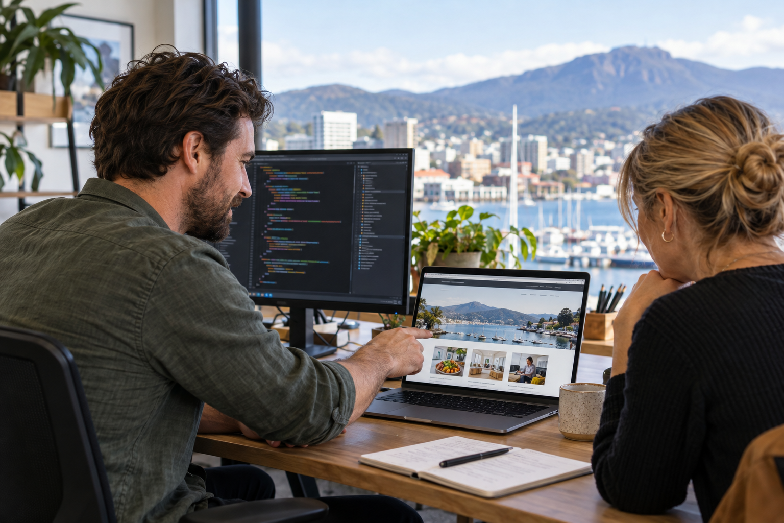 Web developer and Hobart business owner reviewing a website preview beside a code editor