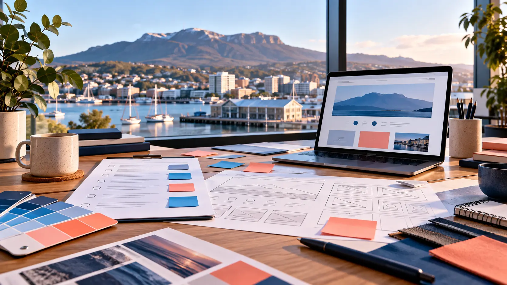 Website brief, wireframes and colour samples on a desk overlooking Hobart