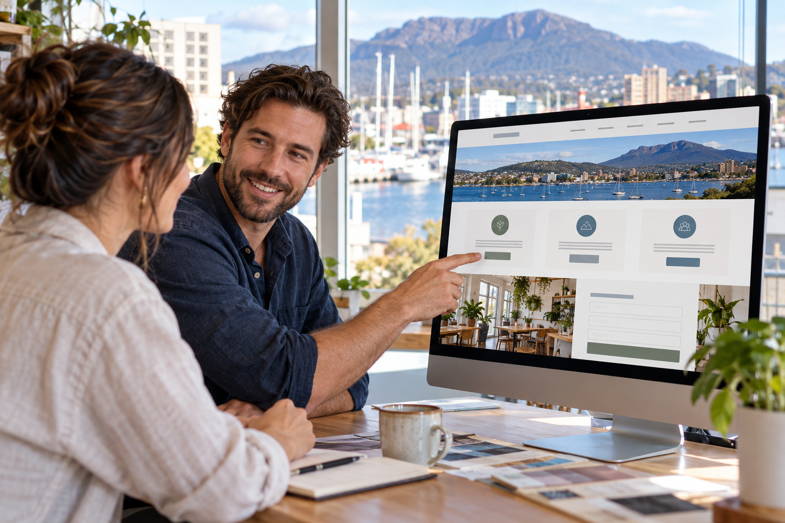 Hobart business owner presenting a finished website design on a desktop monitor