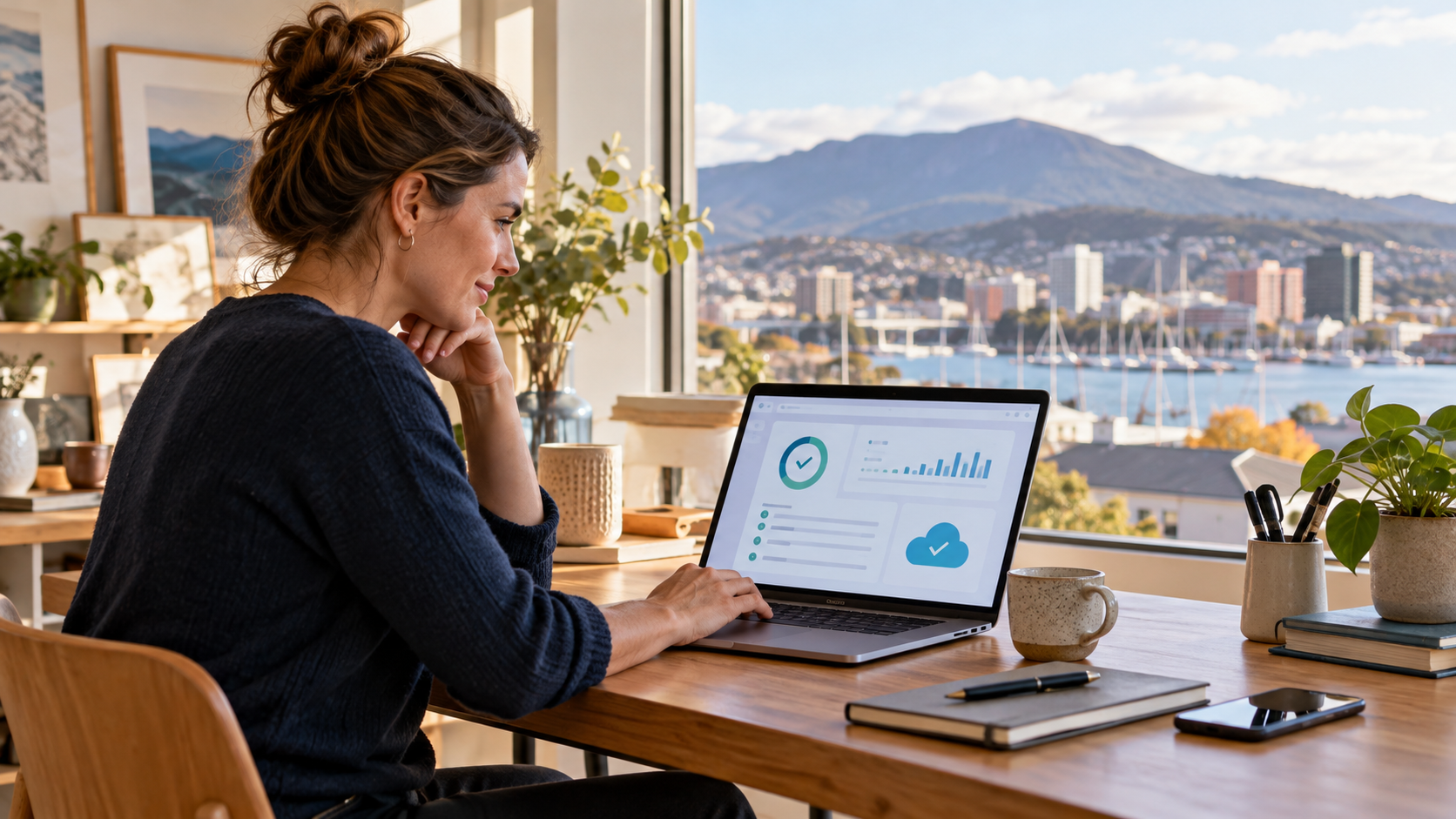 Hobart small-business owner reviewing website hosting and backup status on a laptop